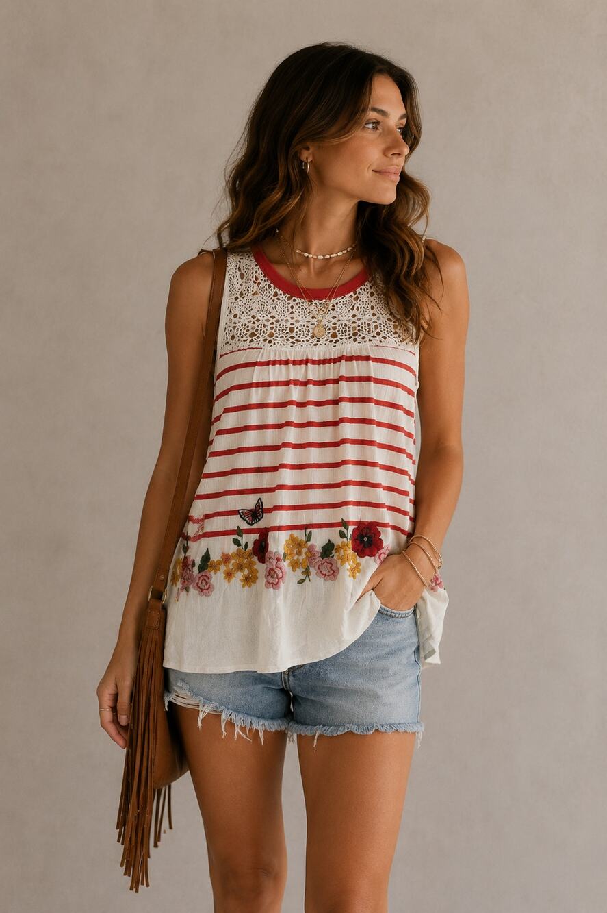 Desigual Cream Orange Striped Floral Crochet Tank Womens XS Boho Beachy Blouse